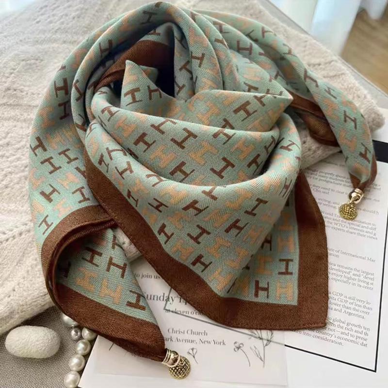 Women's 65" Silk Square Scarf with Magnetic Buckle – Autumn/Winter Print, Fashionable & Versatile Triangle Snood