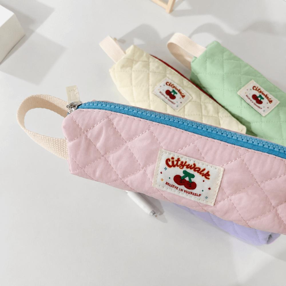 Bow Design Quilted Pencil Bags Floral Pattern Stationery Organizer School Pencil Case School Use