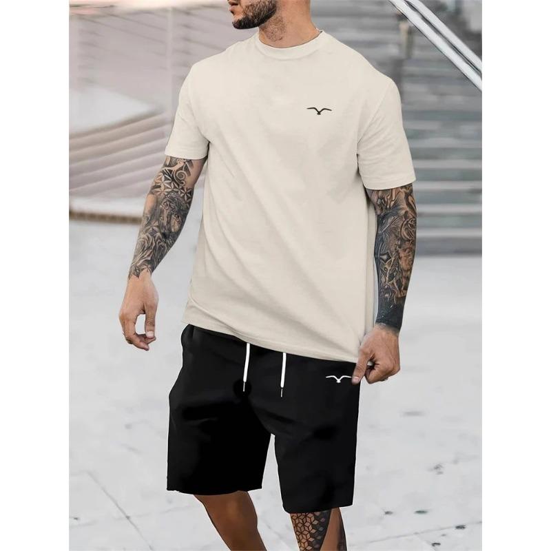 

selling spliced pattern men s T-shirt round neck short sleeved drawstring shorts outdoor breathable quick drying short 6XL