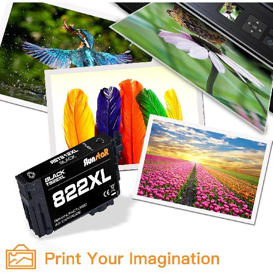 Run Star 1 Pack 822XL T822XL Black Remanufactured Ink Cartridge Replacement for Epson 822XL T822XL use for Epson Workforce Pro WF-3820 WF-4820