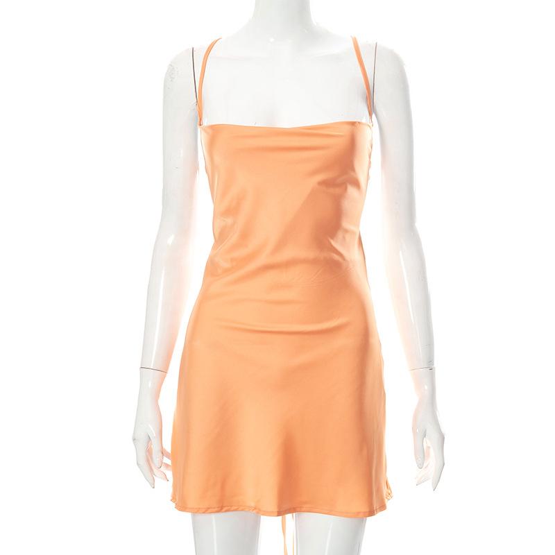 

Ribbon Mini Dress Lace Up Strap Pure Color Party Club Elegant Hollow Backless Strapless Sexy Elegant Dresses S оранжевый