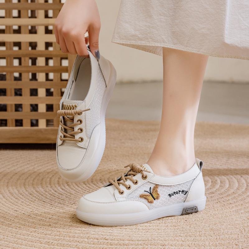 Women's White Leather Slip-On Sneakers - Spring/Autumn, Soft Sole, Butterfly Design, Casual Flats, Plus Sizes Available
