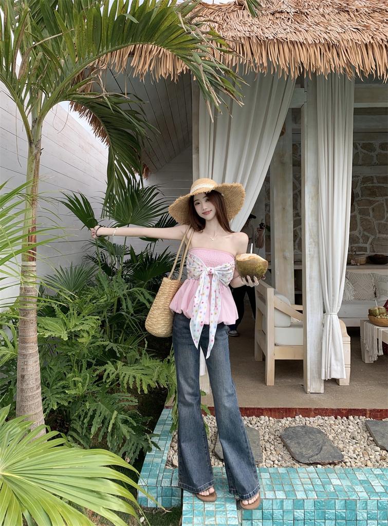Pink Bow Tube Top Two Wear Women's Summer Pure Desire Sweet and Spicy Style Small Man Chest Wrap Inside Top Outside Wear