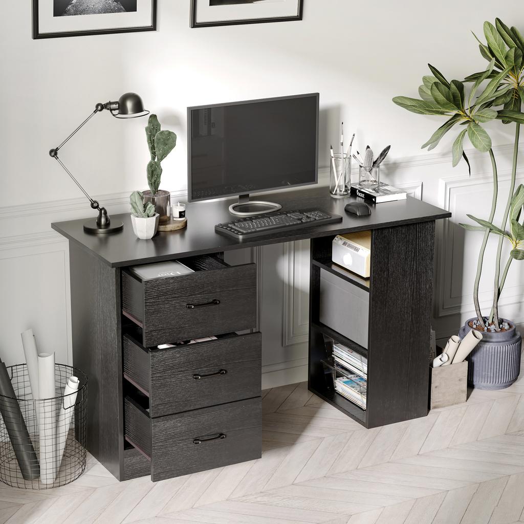 Modern Desk In Wood with 3 Drawers and 3 Shelves for Bedroom and Office, 120x49x72cm, Black