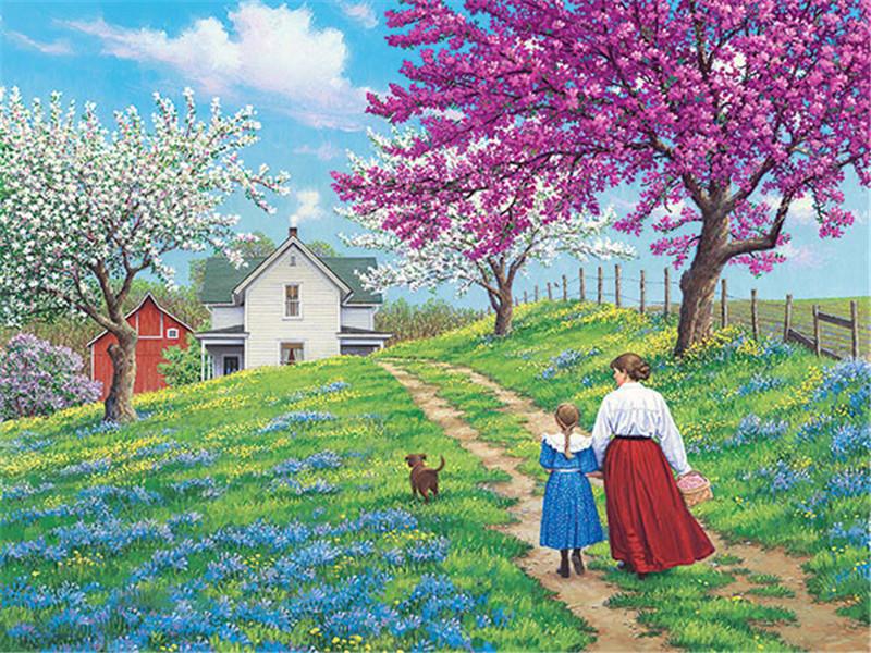 Kit de pictură cu diamante peisaj fermă 5D bricolaj broderie cu diamante punct de cruce primăvară strasuri mozaic decor