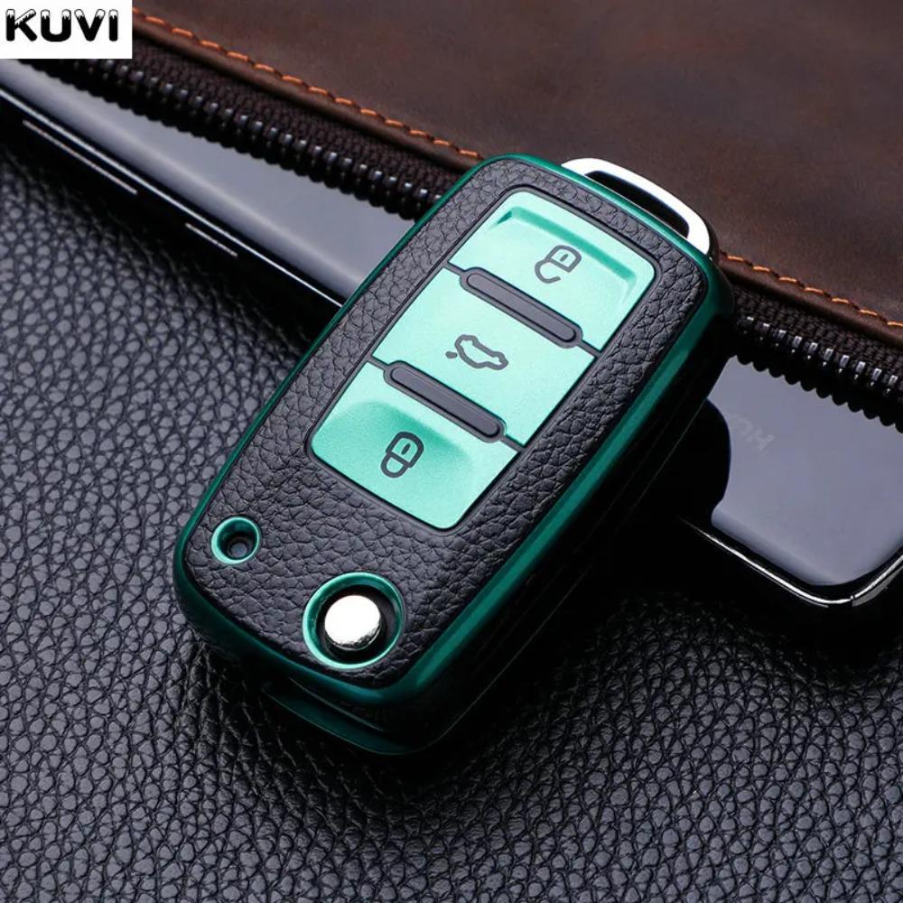Capa de Chave de Carro em Couro TPU Bolsa Protetora de Cobertura Total para Chave de Carro para VW Volkswagen Polo Tiguan Passat Golf Jetta Lavida Skoda Octavia