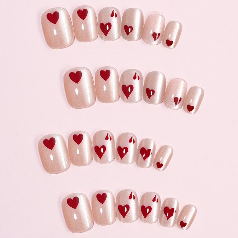 24Pcs Heart Pattern Short Square False Nail Fashion Cats Eye Press On Nail For Daily Wear And Parties