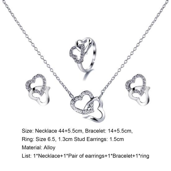 4Pcs/Set Necklace Earrings Ring Bracelet Hollow Out Heart Pendant Jewelry Korean Style Simple Jewelry Set for Daily Wear