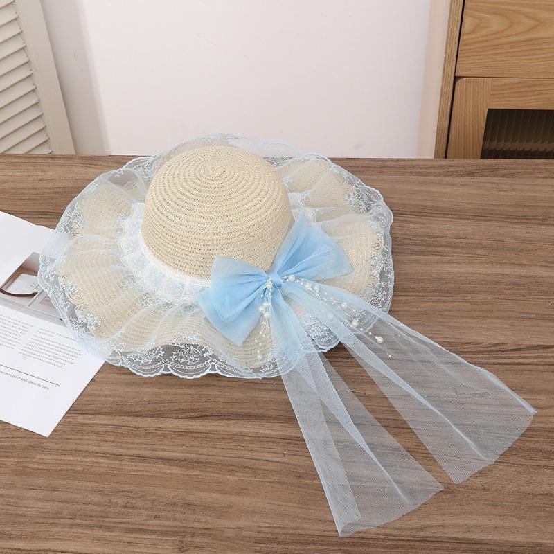 Summer Bow Sun Hat Female, Seaside Beach Vacation Sun Hat Outdoor Big Brim Sun Hat Sweet Straw Hat