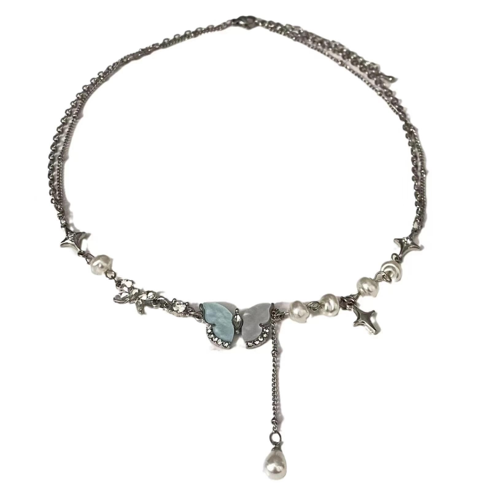 New sweet and cool butterfly cross pearl tassel necklace fashionable and exquisite collarbone chain accessories