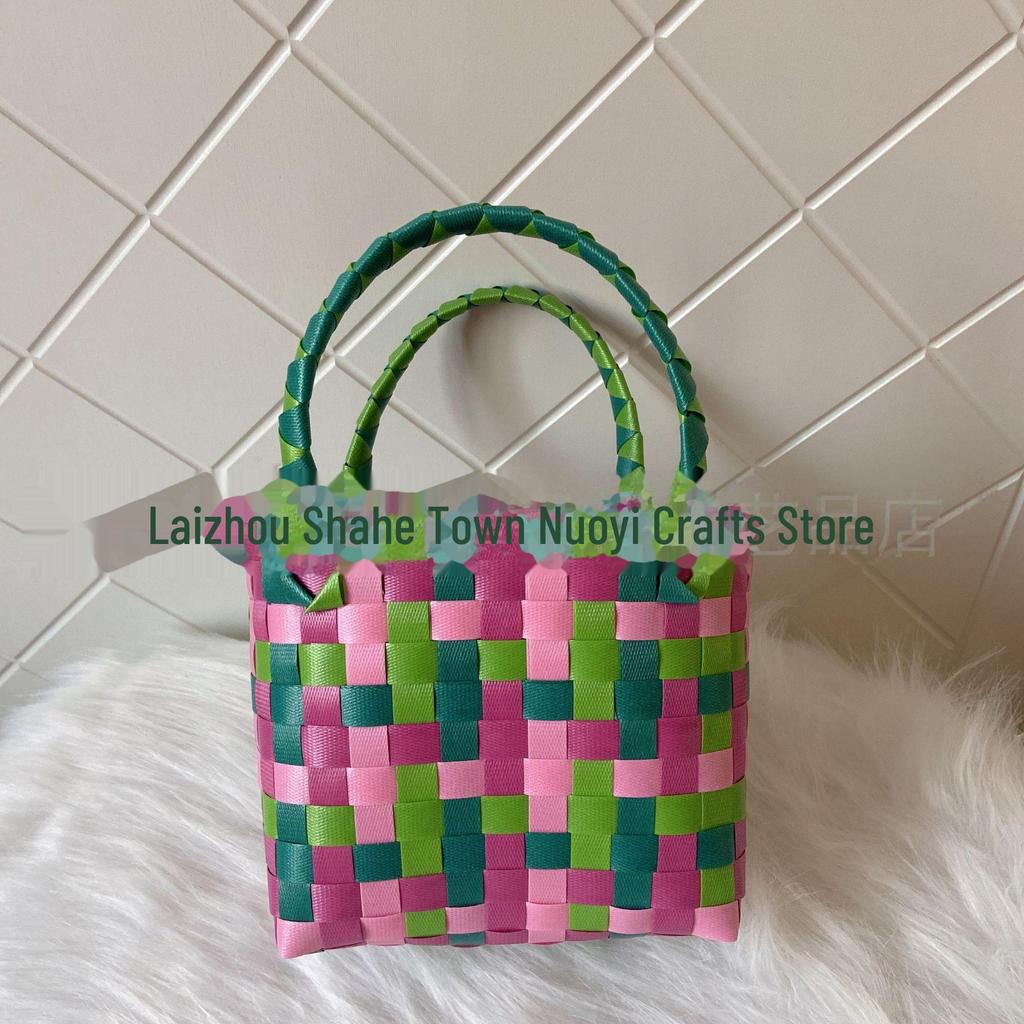 Γυναικεία Υφαντή Καλοκαιρινή Τσάντα Παραλίας: Απλή Πλαστική Τσάντα Χειρός, Μικρός Τετράγωνος Σχεδιασμός για Ψώνια και Παιδιά.