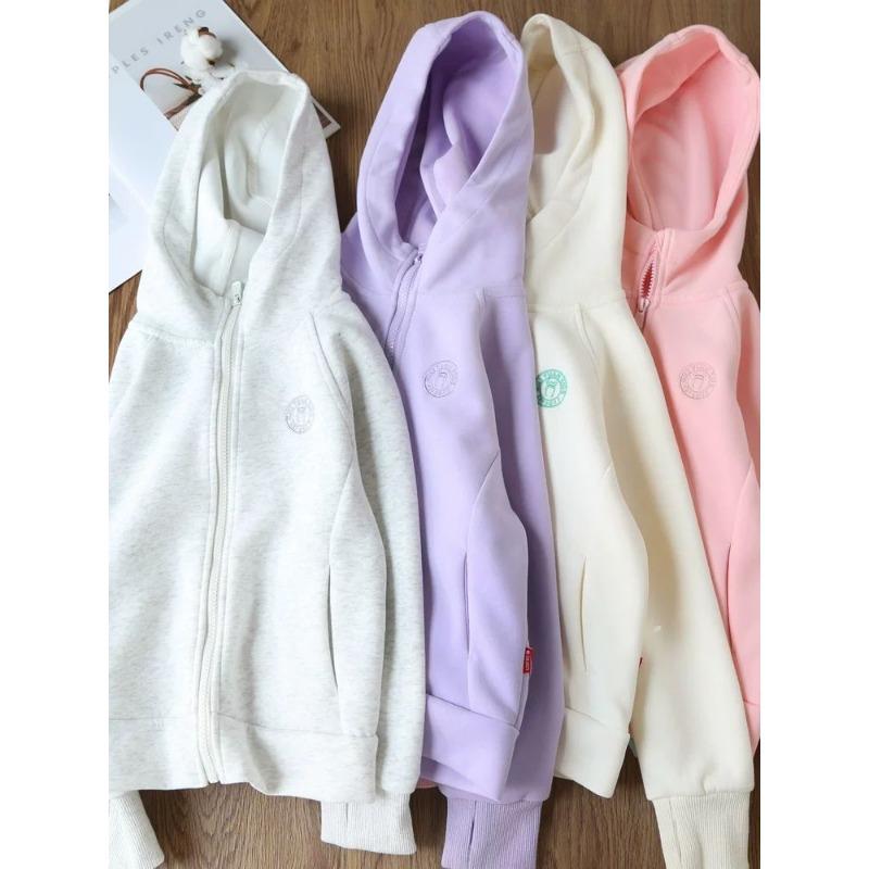 Girls' Simple Hooded Jacket: Solid-Color Spring/Fall Children's Cardigan Sweatshirt