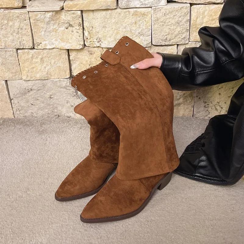 Fashion Vintage Thick Heel Women Western Cowboy Boots Designer Combination Splicing Shoes Autumn Winter Ladies Pipe Long Booties