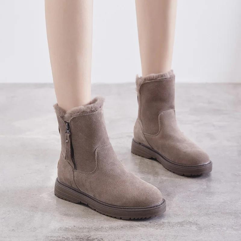Leather Winter Shoes Women Snow Boots Warm Shoes Cold Winter Woman Ankle Boots Female Height Increasing 4.5cm