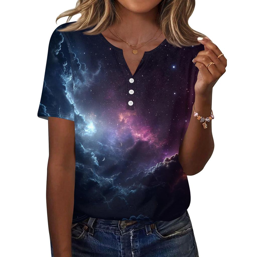 Damska Koszulka z Nadrukiem Guziki Krótki Rękaw Codzienna Weekendowa Moda Podstawowy Dekolt V Regularny Top