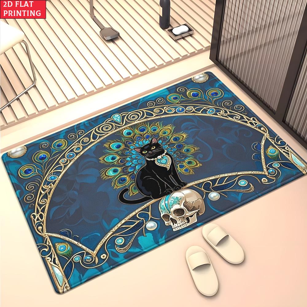 

Gothic Black Cat & Peacock Feather Area Rug,Bohemian Skull Print Floor Mat, Vintage Carpet for Living Room Bedroom Home Decor 40x60cm(15x23 in)