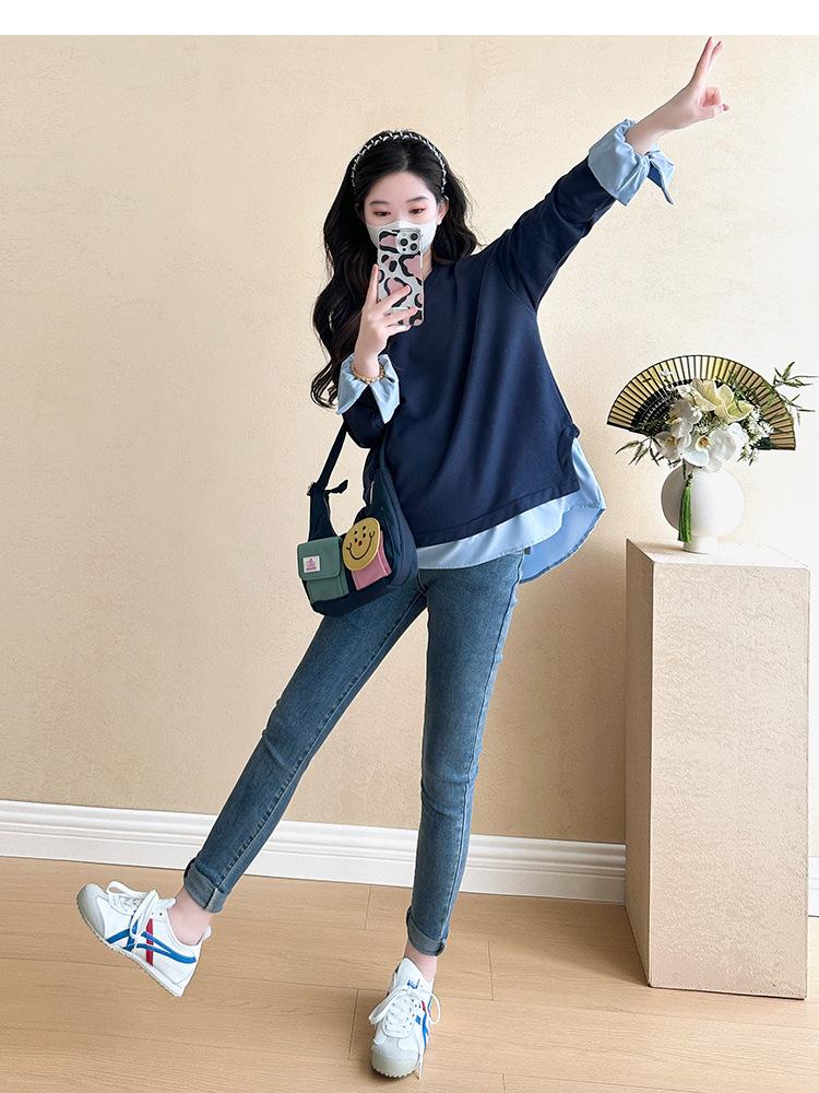 Navy Blue Long Sleeve Maternity Top, Spring/Autumn 2025, Plus Size, Fake Two-Piece Design Sweatshirt
