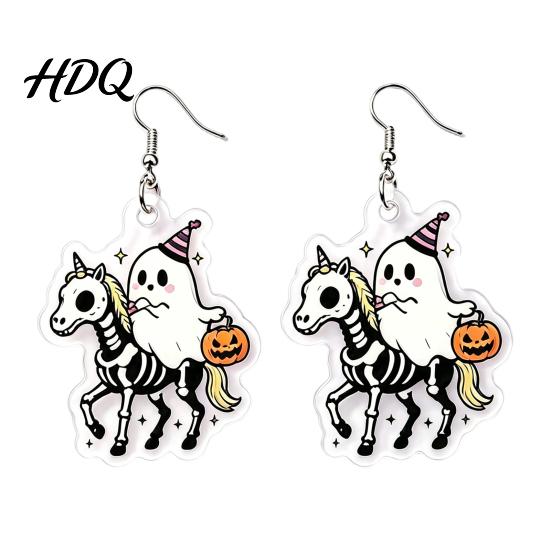 Unique Gothic Dangle 1 Pair Acrylic Halloween Earrings for Women 2D Flat Cute Cartoon Ghost Ornament Skull Drop Earrings Holiday Jewelry Gifts