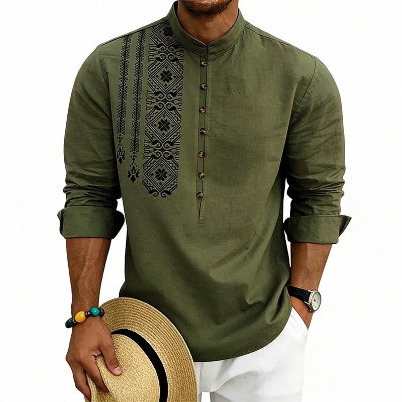 Men Linen Blend Long Sleeve Shirt, Mandarin Collar Ethnic Geometric Print Half Button Henley Shirts Casual Beach Bohemian Tops For Men Multiple Colors