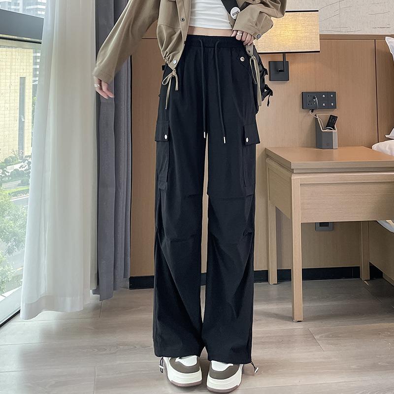 Women's Spring and Summer New Quick-drying Work Trousers High-waisted Loose Casual Wide-leg Straight Leg Drawstring Trousers Sports Trousers