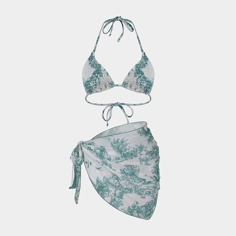 TS JYL-BK045 Mesh Skirt Three-Piece Bikini, Print Triangle Slim Swimwear For Vacation