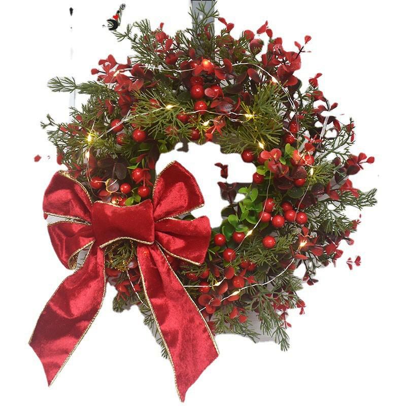 Mini Christmas Wreath With LED Lights Red Berries Eucalyptus Decor Holiday Home Door Wall