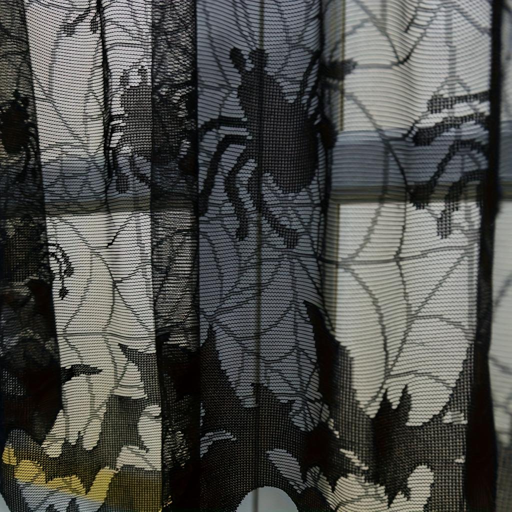 Gothic Black Lace Spider Halloween Curtain -Transparent Cafe Layer with Creepy Spider Web & Realistic Spider Trim, Hand Washable