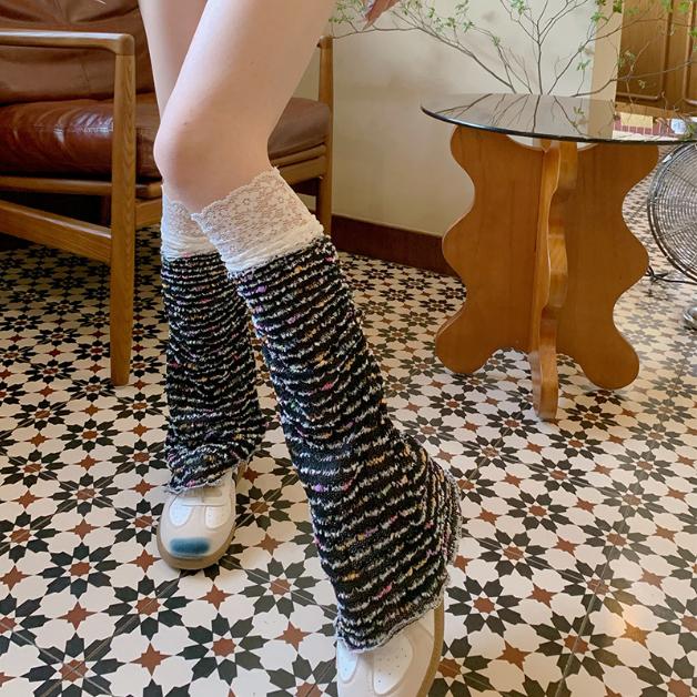 Y2K Lace Trim Flare Leg Warmers, Colorful Tweed Slouchy Socks for Women, Retro Streetwear Fashion Accessories