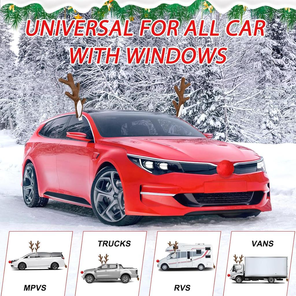 Car Reindeer Antlers & Nose Decorations - Cute Rudolph Reindeer Auto Holiday Accessories With Ears - Christmas Roof Top Decorations For SUV Van Truck