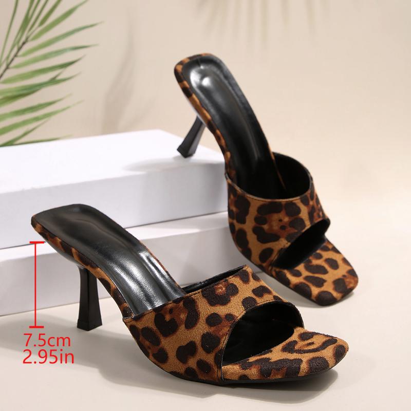 Fashion Sexy Square Toe Leopard Strap Slip On Sandals Women 2025 Summer High Heels Slippers Fashion Party Dress Slippers Plus Size 43
