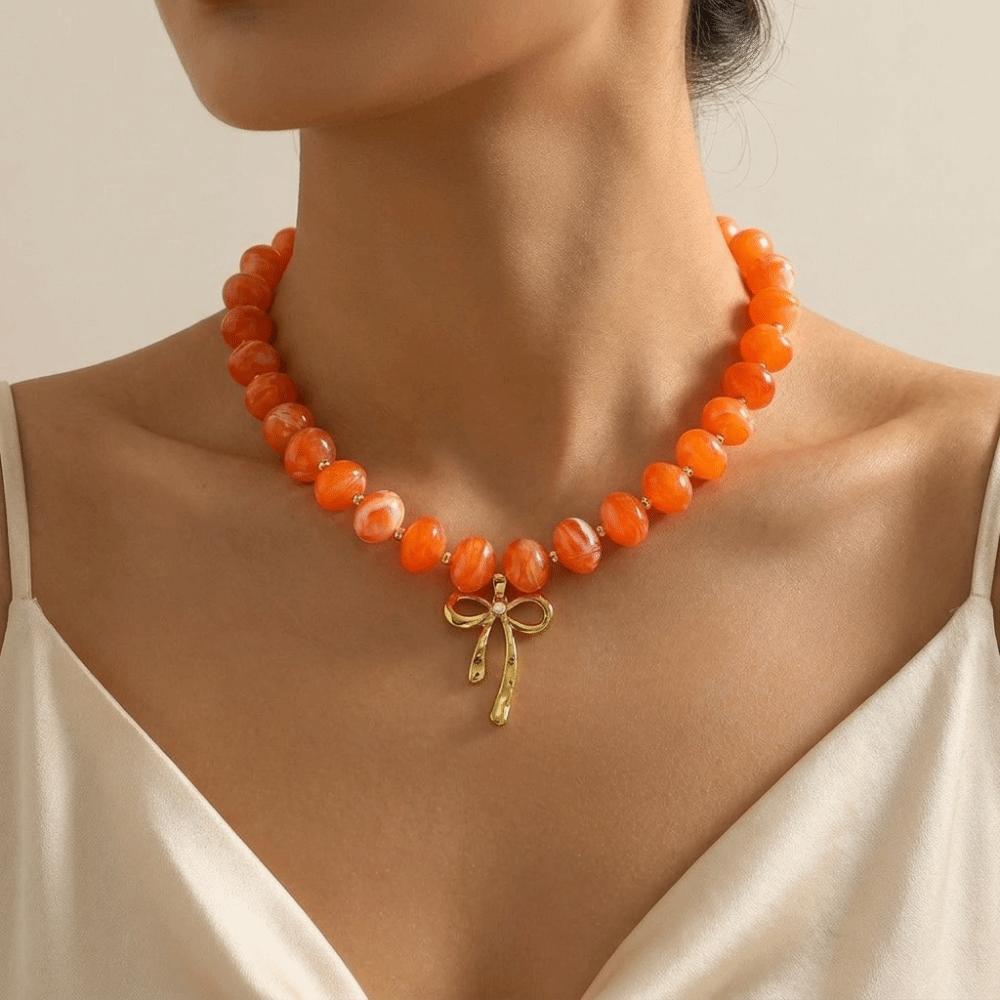 Fashion Resin Beaded Necklace Round Multicolor Bow Pendant Choker Jewelry Boho Women Clavicle Chain Travel