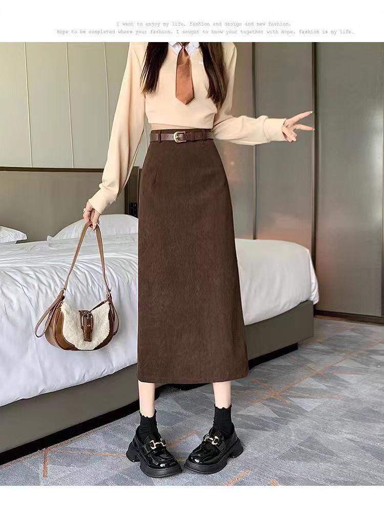 Women's Brown Corduroy High-Waist Pencil Skirt with Slit – Slimming Autumn/Winter 2025