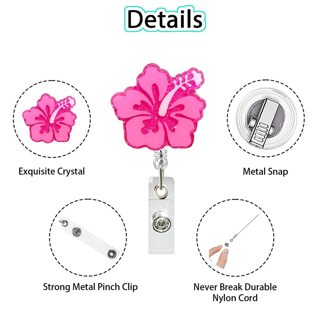Glitter Hibiscus Badge Reel Retractable ID Holder Acrylic Alligator Clip Healthcare Worker Nurse Office Trade Show Gift Supplies