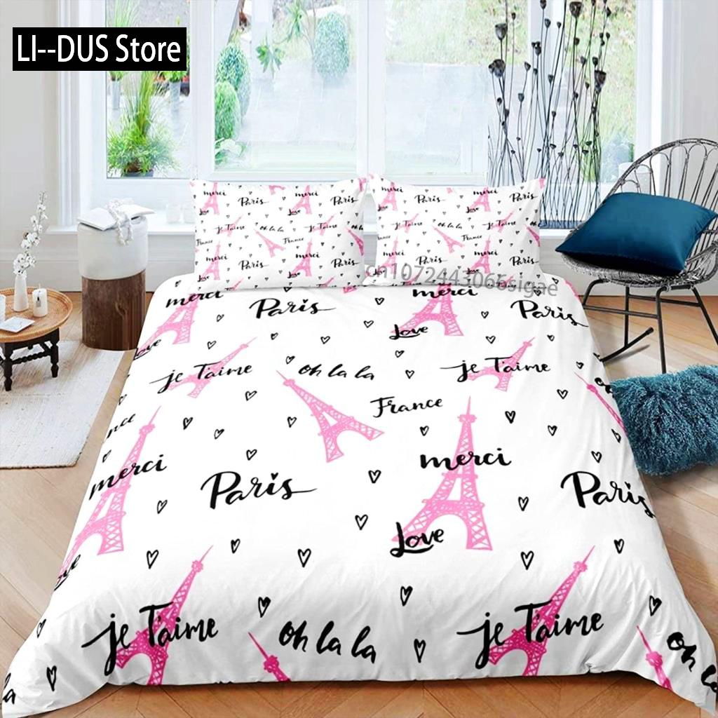 Paris Duvet Cover Set Polyester Paris Theme White Pink Stripe World-Famous Architecture Creativity Double Queen King Quilt Cover