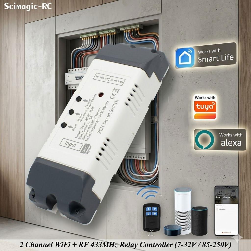 2 Channels Wifi Switch  220V 7-32V 85-250V 10A RF433 Remote 2CH Pulse Module Relay Alexa Smart Switch For Tuya