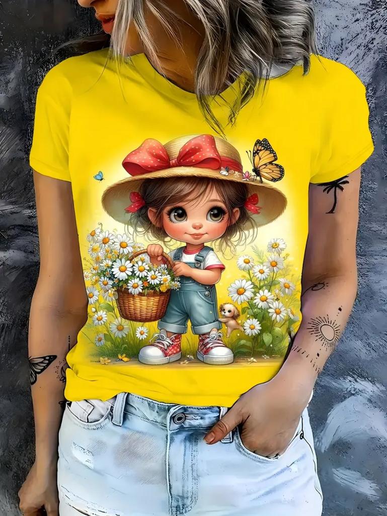 Girl Clothes Cute Cartoon Girl 3D Print Summer Casual Short Sleeve Fashion O-Neck Kids Top Trendy Streetwear Children's Clothing
