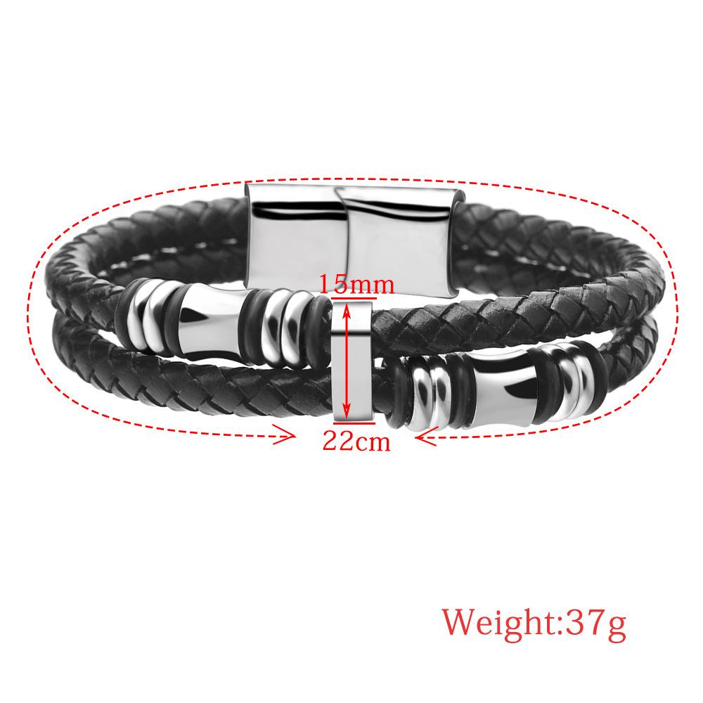 15mm European & American Double-Layer Woven Leather Bracelet with Gold-Inlaid Titanium Steel