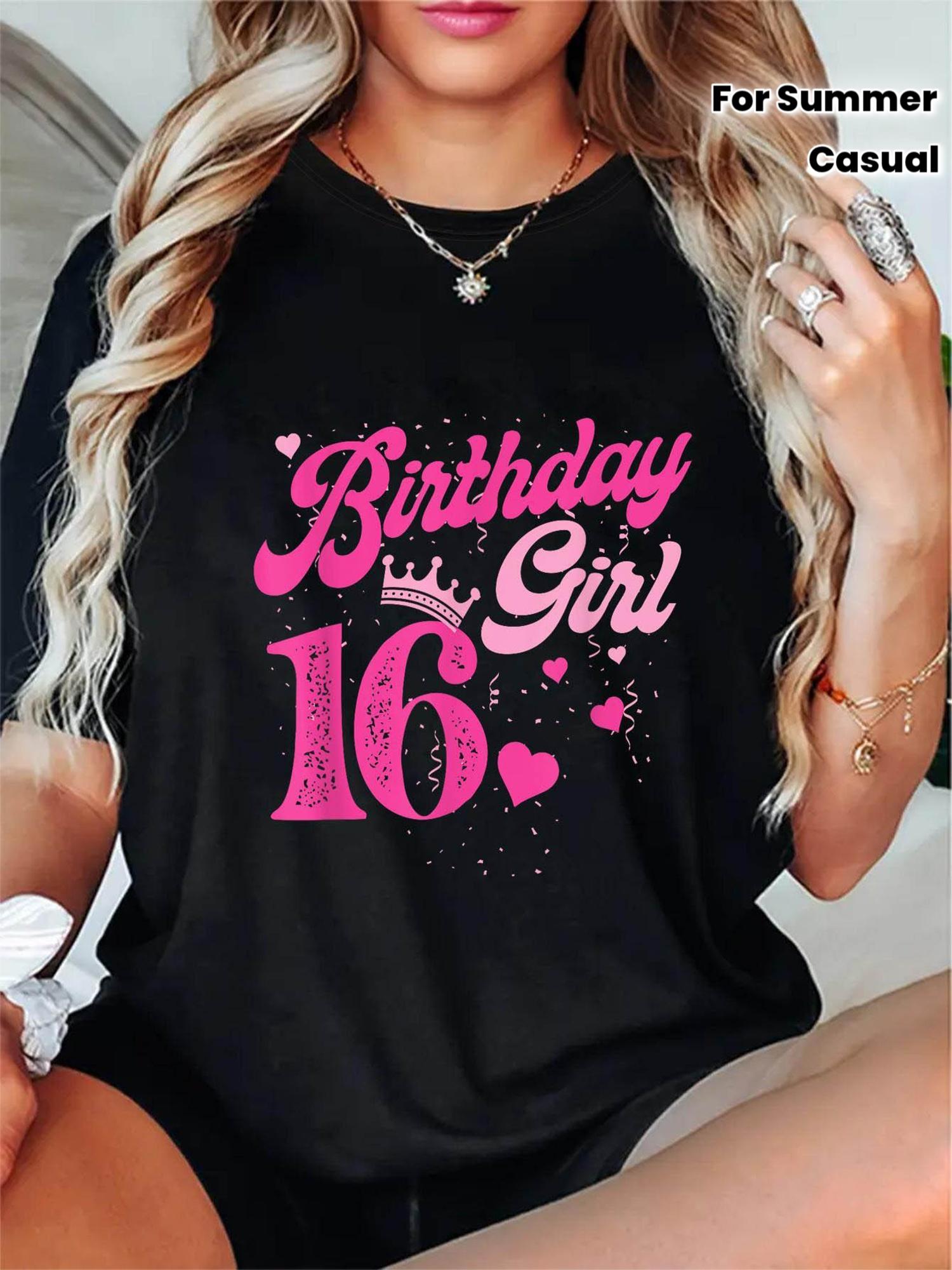 

Chic 16th Birthday Crown Graphic Print, Short Sleeve Crew Neck Casual Top for Summer & Spring, Women s Clothing 5XL різнокольоровий