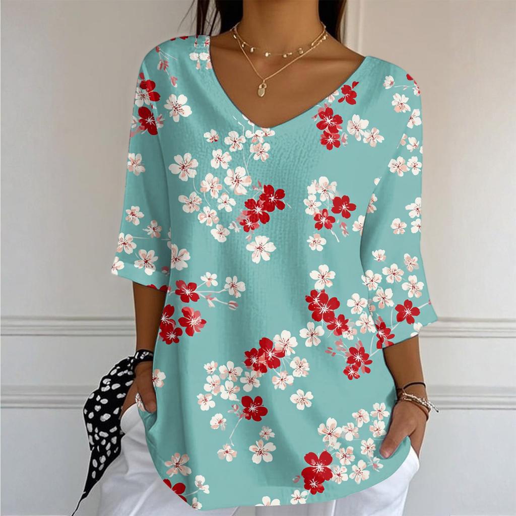 Women's Casual And Fashionable V-Neck Floral Print Seven Quarter Sleeved Top Top