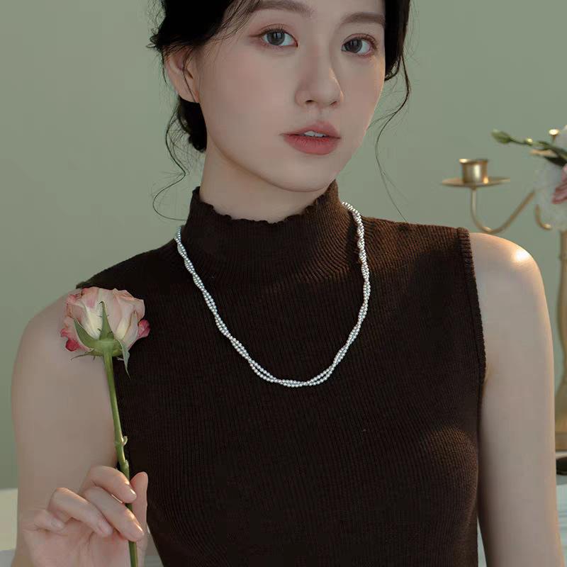 Stainless Steel Ingot Buckle Millet Bead Sweater Chain Shijia Pearl Long Necklace Temperament One Multi-Belt Neck Chain