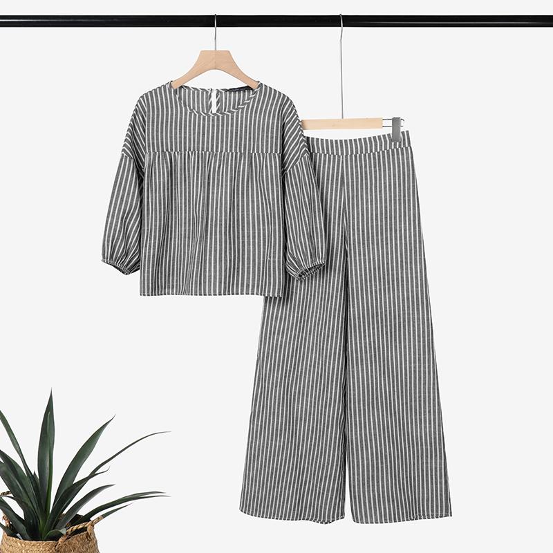 ZANZEA Women Half Sleeve Blouse and Pants Casual Stripe Print Two Piece Suit Sets
