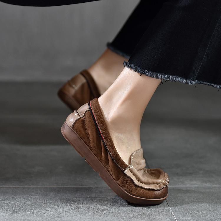 Johnature Loafer aus echtem Leder mit quadratischer Zehenpartie und weicher Sohle, flache Schuhe, Retro-Schlupfschuhe in Mischfarben für Damen