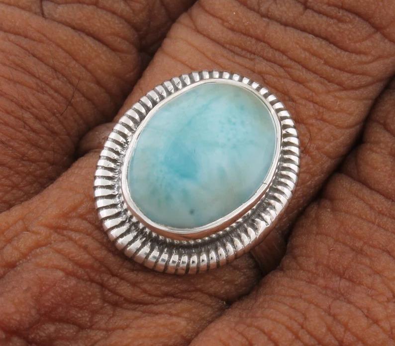 Larimar Gemstone Ring 925 Sterling Silver Ring Solid Stone Statement Oval Shape Ring Gift for Women's Sky Blue Stone Jewelry 5.5 Gms Approx
