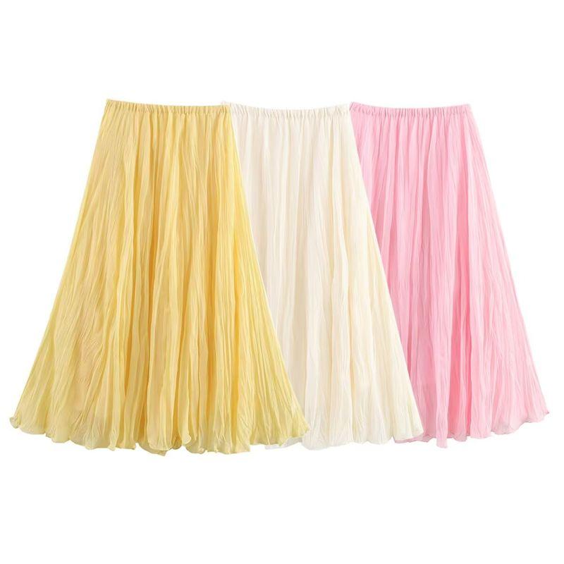 Kaslead New Women Clothes Western Style Fashion Simple and Versatile Candy Color Pleat Effect Skirt