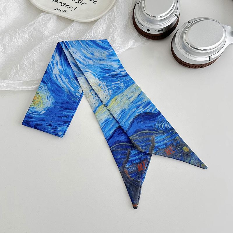 Blue silk scarf, long strip, new fashion, oil painting style, bow, headband, braided hair, tied bag, streamer, multi-purpose waist silk scarf.