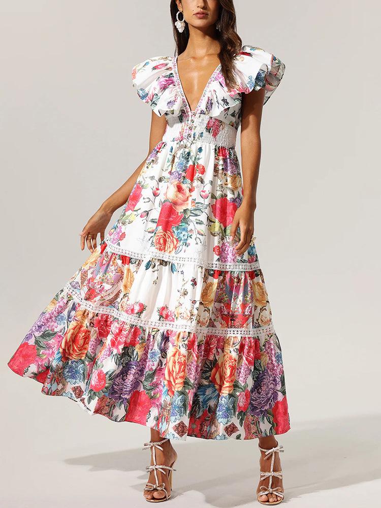 Women's Australian Beach Resort V-Neck Ruffle Sleeveless Printed Backless Dress - Spring 2026
