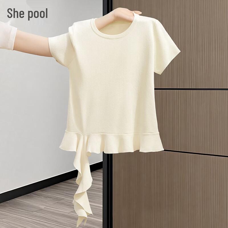 Women s Ruffle Hem Ice Silk Knit T-shirt One Size