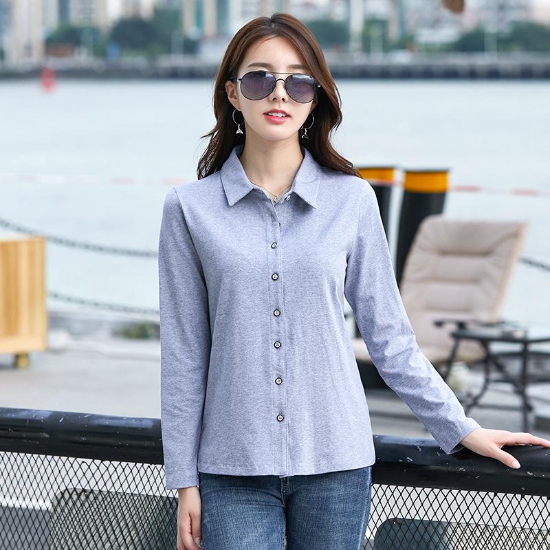 Women‘s Turn Down Collar Long Sleeve Slim Fit Shirt Cotton Solid Casual Top