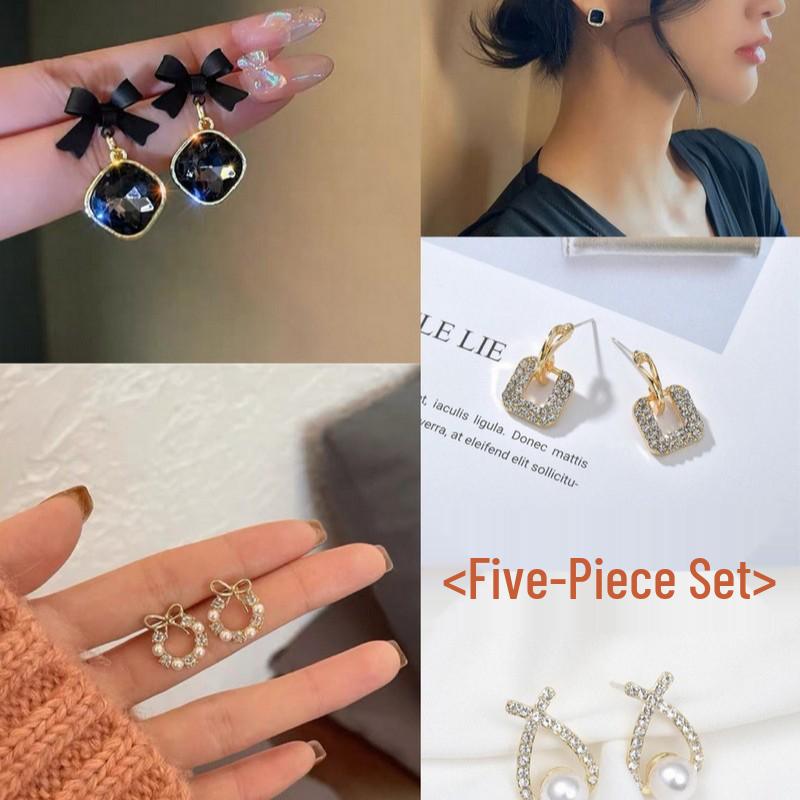 

925 Silver Stud Earrings Set: Elegant, High-End Versatile Five-Piece for Women Black Bow