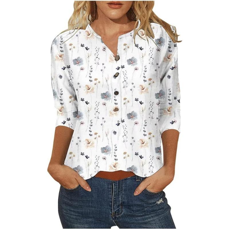 Button V-neck 3D Printed Top Fashionable Casual Long Sleeved Women's T-shirts